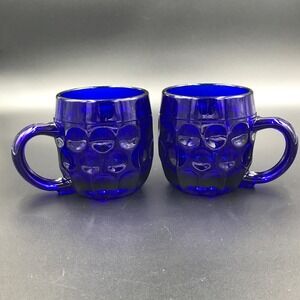 Vintage Cambridge Martinsville Cobalt Blue Glass Thumbprint Mugs 1930s Set of 2